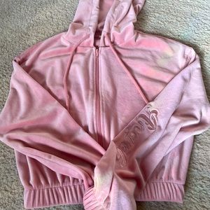 ♡ Pink Velour Crop Zip-Up Hoodie w/ Embroidery